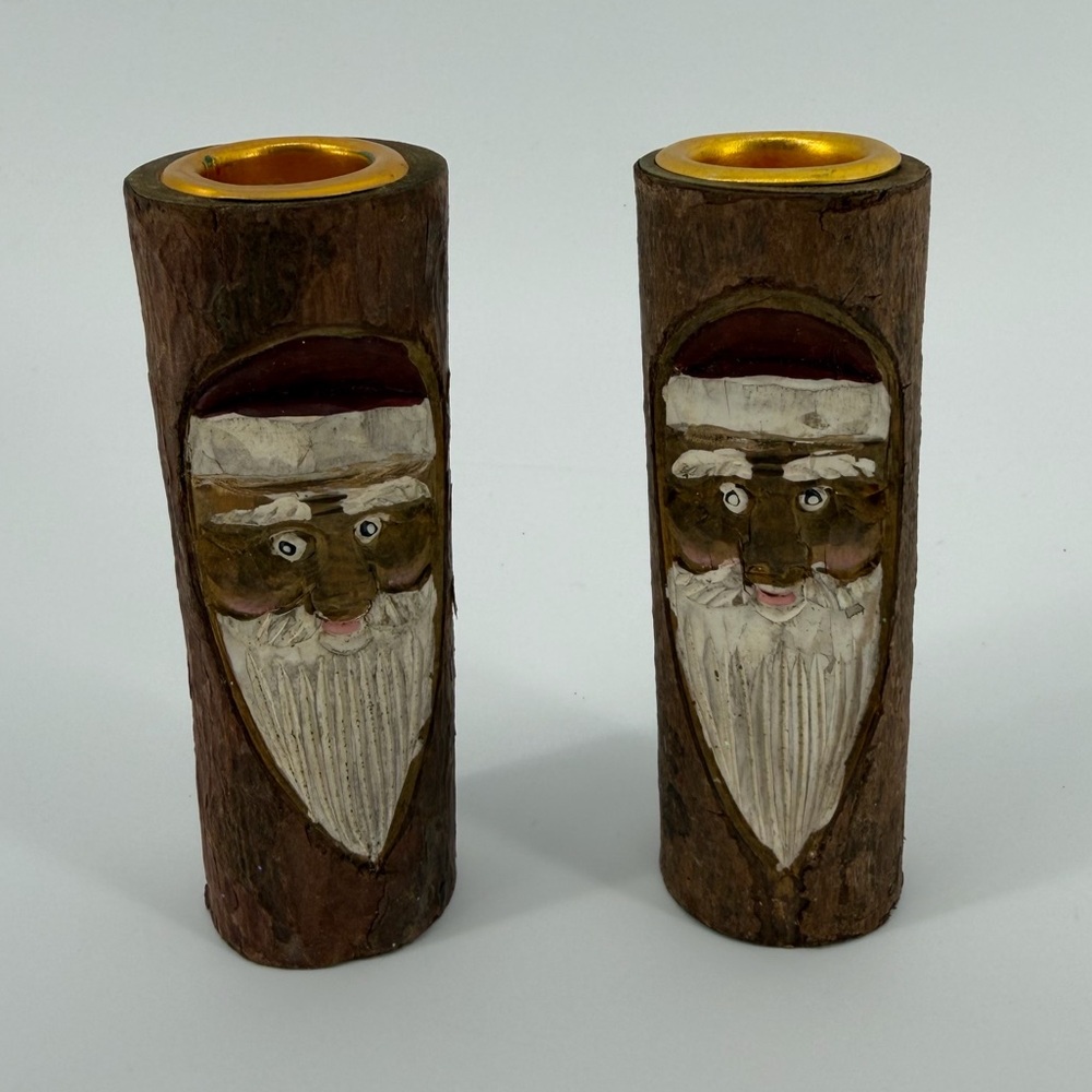 Wood Carved Folk Art Santa Claus Candlestick Holders, Set of 2